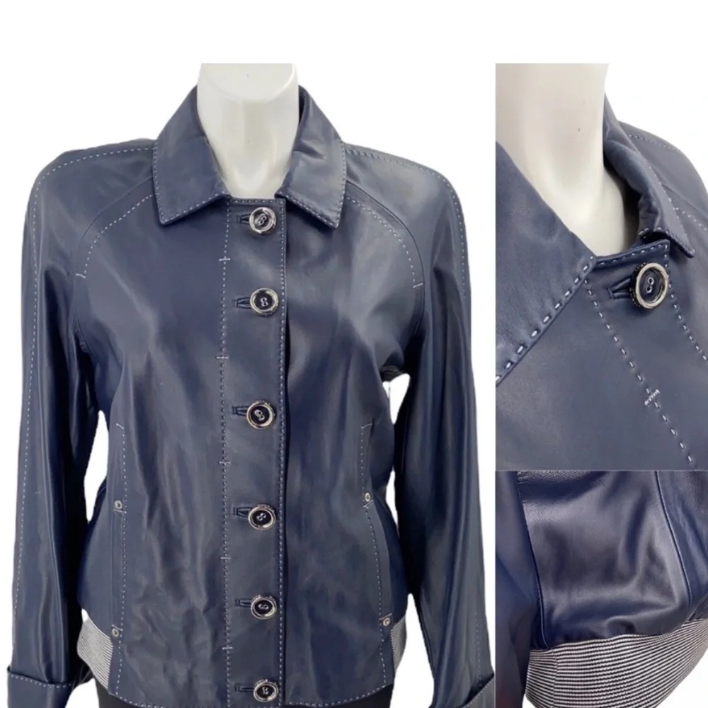 St. John XL blue leather jacket with pockets. Button front - Picture 1 of 11